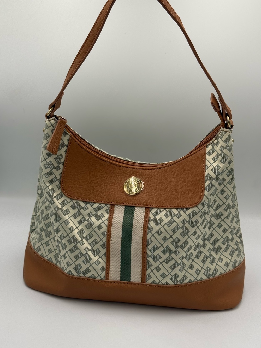 Tommy Hilfiger Monogram Green and Tan Hobo Shoulder Bag